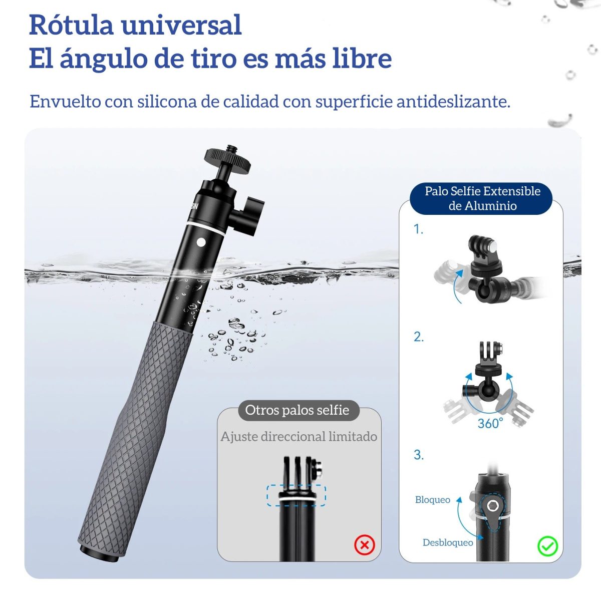 Bastón Selfie Aluminio 65cm para GoPro Insta360 Osmo y Otras - Imagen 3